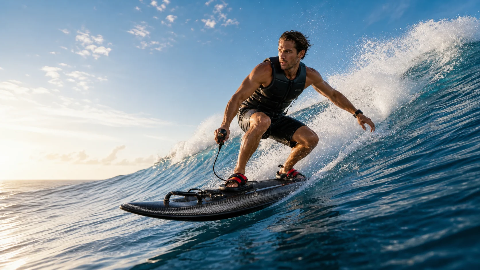 Electric surfboard riding open water
