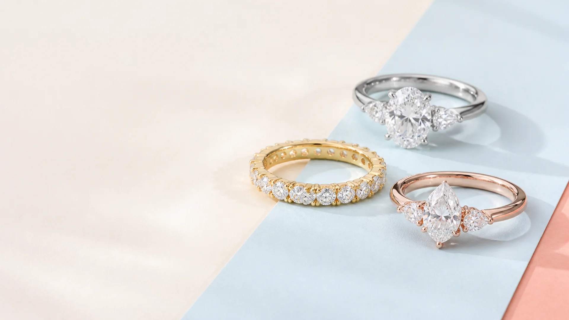 Lab-grown diamond and moissanite rings in white, yellow and rose gold