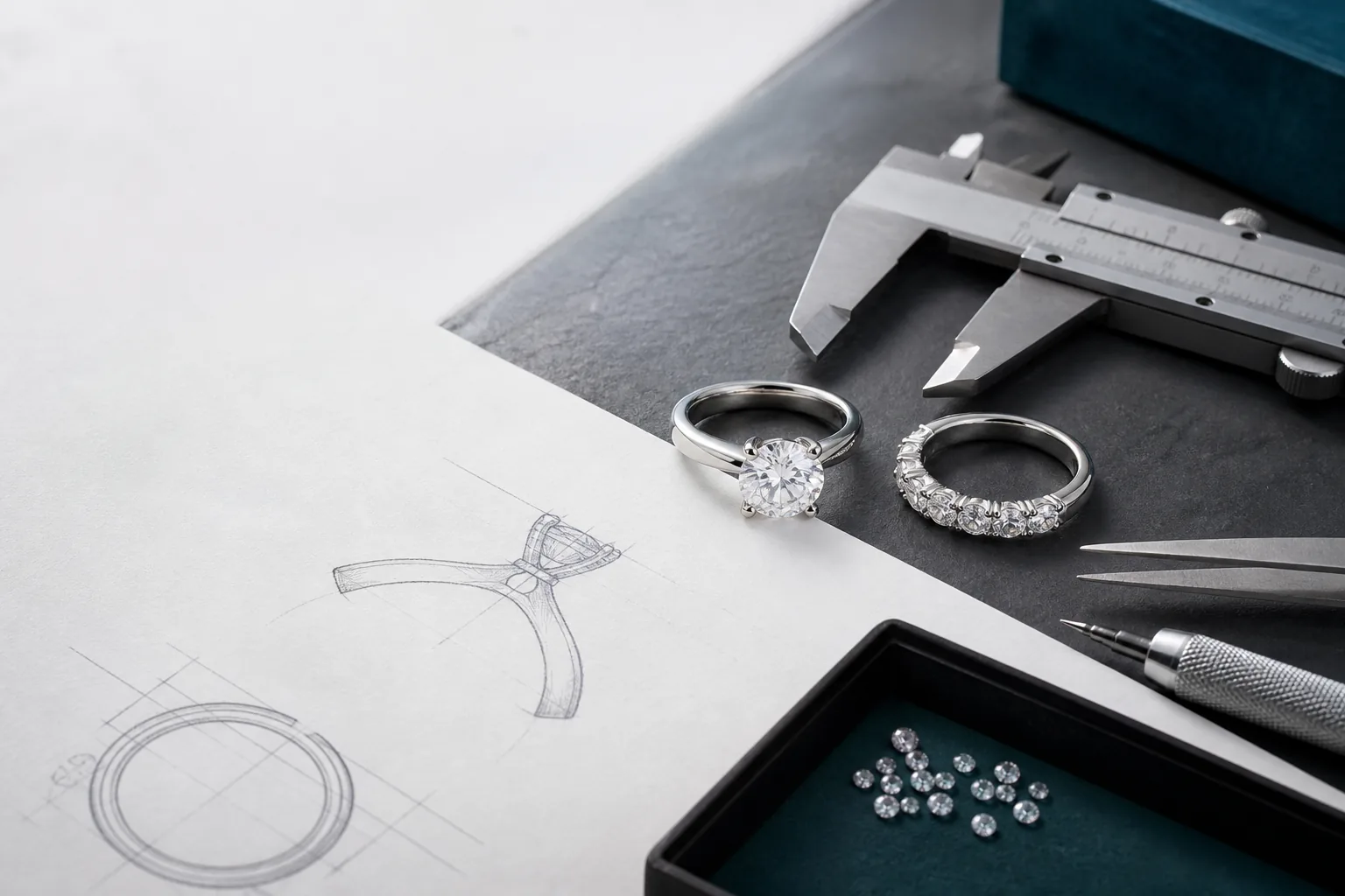 Jewelry design brief with finished ring samples